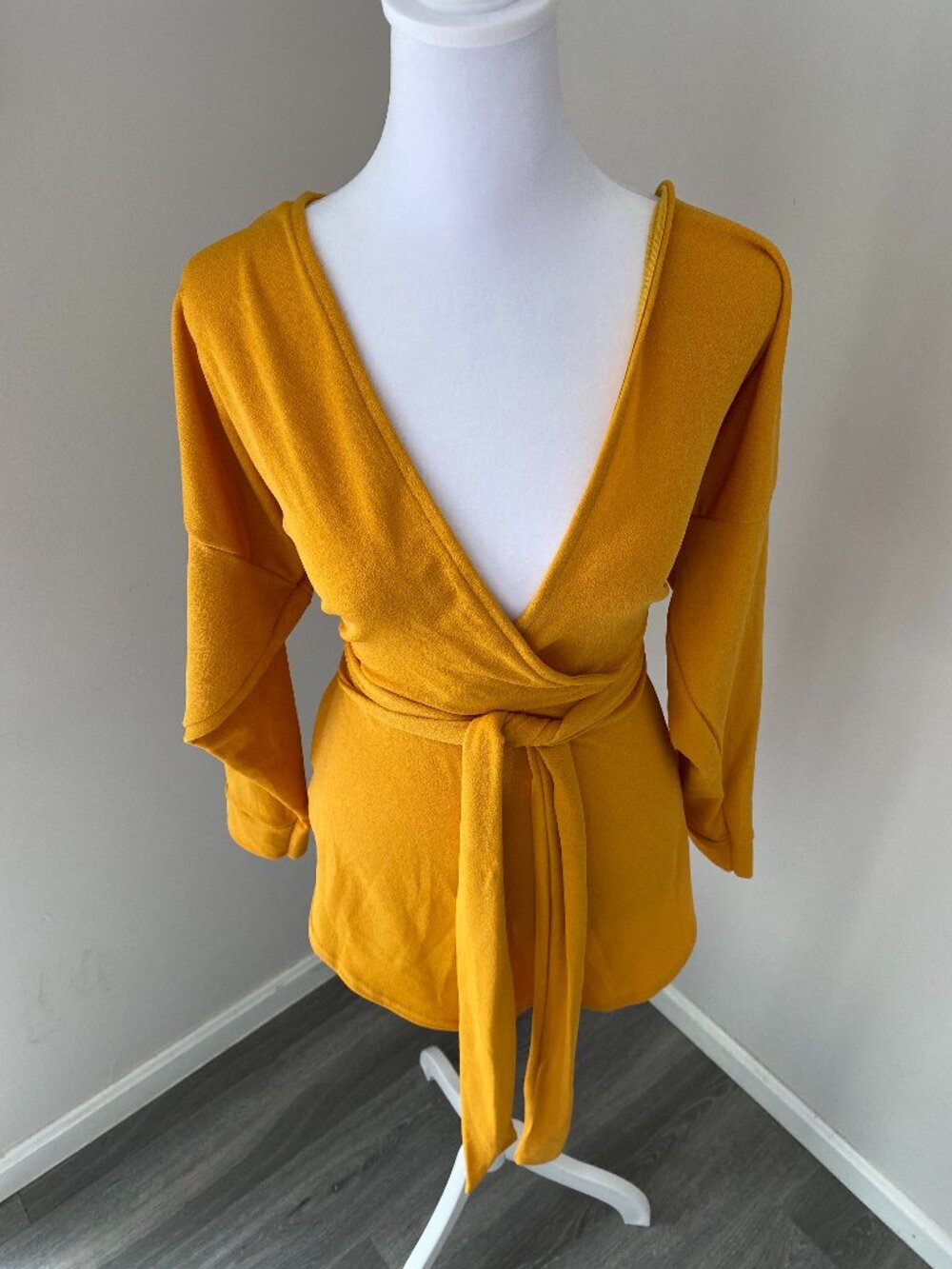 Mustard Yellow Wrap Tie Blouse